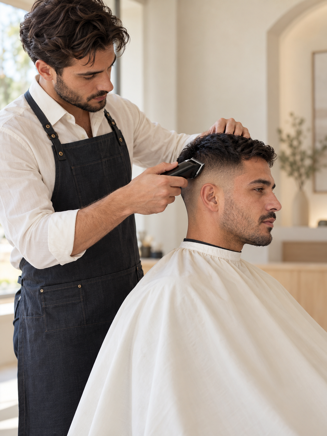 Barber carefully shaping a client’s haircut in a bright, comfortable setting